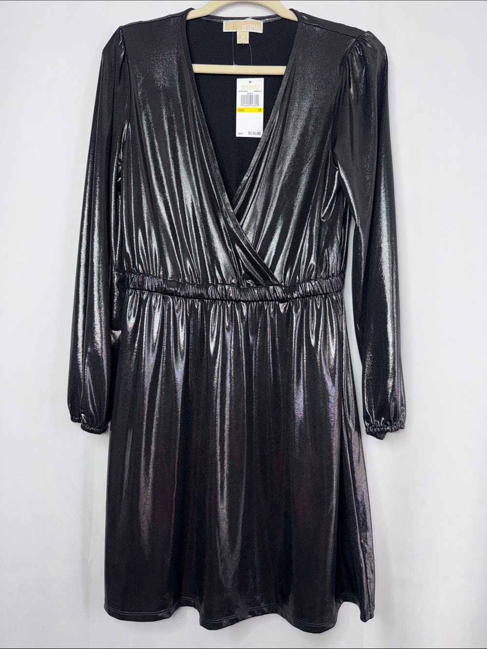 Michael Kors Metallic Draped Long Sleeve Cocktail Dress Gunmetal